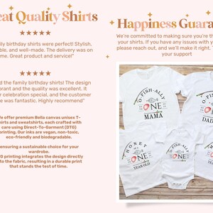 May include: Four white t-shirts with a fishing theme. The shirts say "O-Fish-Ally One" with a fish and a fishing rod. The shirts are for a baby, a child, and two adults. The shirts say "Mama", "Daddy", "Honey I'm One", and "Mel I'm One".