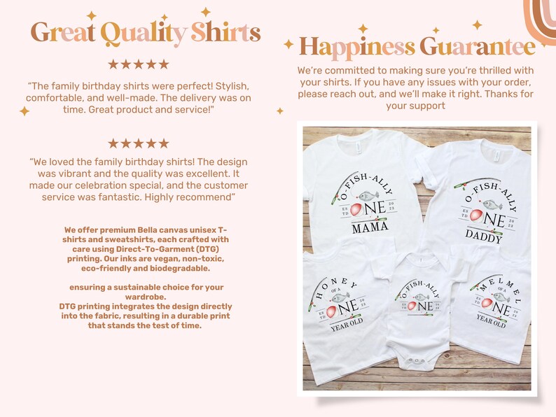 May include: Four white t-shirts with a fishing theme. The shirts say "O-Fish-Ally One" with a fish and a fishing rod. The shirts are for a baby, a child, and two adults. The shirts say "Mama", "Daddy", "Honey I'm One", and "Mel I'm One".