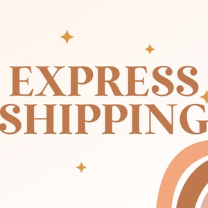 May include: Express Shipping text in brown with gold stars on a white background. A rainbow arc in shades of brown, pink, and peach is in the lower right corner.
