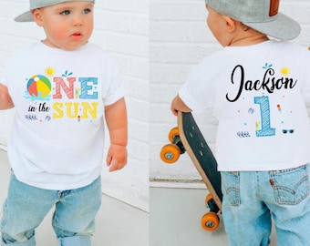 Camisetas de cumpleaños familiares a juego con temática de fiesta en la piscina "One In The Sun" para niña o niño, conjunto para el primer cumpleaños en la piscina de verano.
