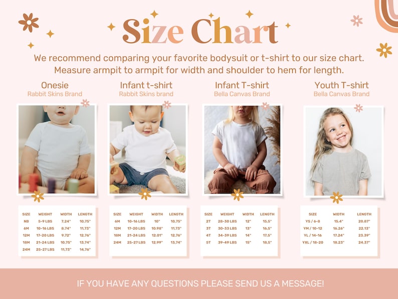 May include: Size chart for onesies, infant and youth t-shirts. Includes measurements in inches for width and length, and weight in pounds. The chart features photos of children wearing the garments. Text at the top says "Size Chart".