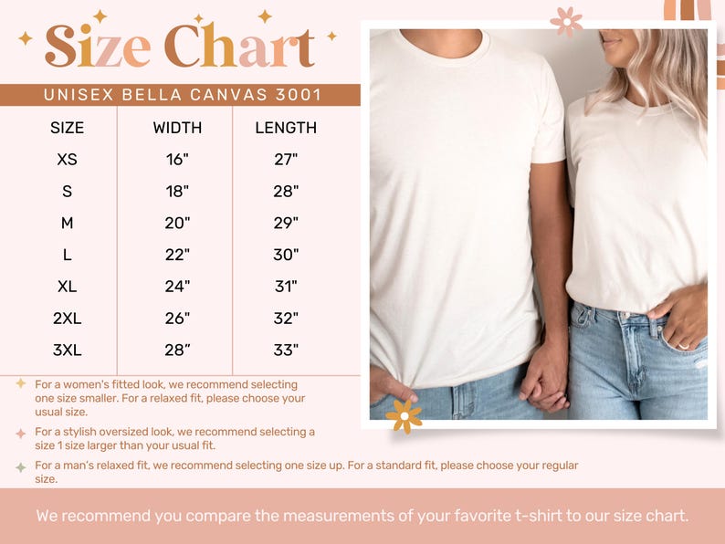 May include: A size chart for the Bella Canvas 3001 t-shirt, displaying width and length measurements in inches for sizes XS through 3XL. The chart includes a visual reference of two individuals wearing white t-shirts and blue jeans.