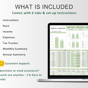 May include: A laptop computer displaying a spreadsheet with a green and white color scheme. The spreadsheet is titled "Annual Summary" and includes columns for income, expenses, profits, and profit margin. The spreadsheet also includes a chart showing profit progress over time. The text "What is Included" is displayed at the top of the image, along with a list of 7 tabs: Instructions, Start, Income, Expenses, Tax Tracker, Monthly Summary, and Annual Summary.