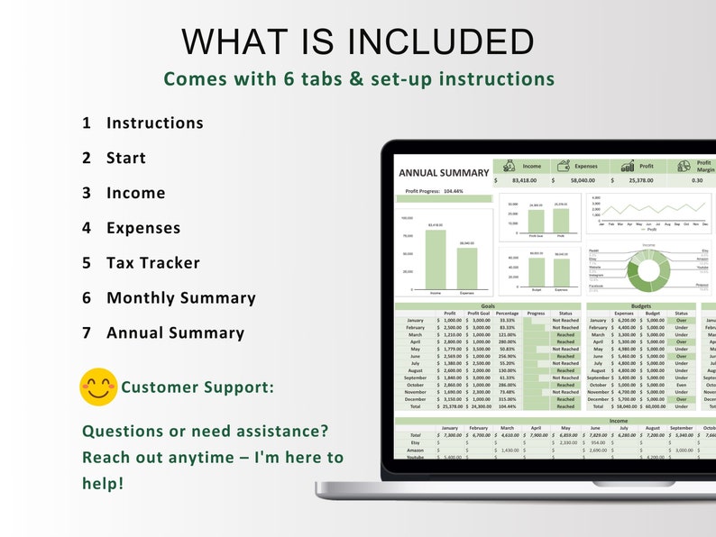 May include: A laptop computer displaying a spreadsheet with a green and white color scheme. The spreadsheet is titled "Annual Summary" and includes columns for income, expenses, profits, and profit margin. The spreadsheet also includes a chart showing profit progress over time. The text "What is Included" is displayed at the top of the image, along with a list of 7 tabs: Instructions, Start, Income, Expenses, Tax Tracker, Monthly Summary, and Annual Summary.