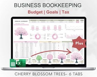 Könnte beinhalten: Ein Laptop-Computer, auf dem eine Tabellenkalkulation mit einem Kirschblütenbaum-Motiv angezeigt wird. Die Tabellenkalkulation trägt den Titel "Business Bookkeeping" und enthält Registerkarten für "Budget", "Ziele" und "Steuer". Die Tabellenkalkulation enthält auch Diagramme und Grafiken.