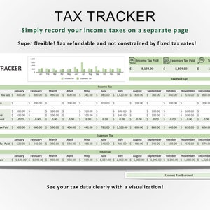 May include: A green and white printable tax tracker spreadsheet with a bar graph showing income and expenses. The spreadsheet includes columns for each month of the year and totals for income tax paid, expenses tax paid, and total tax paid. The spreadsheet also includes a section for "Tax Paid Up!" and "Unmet Tax Burden!" The text "See your tax data clearly with a visualization!" is at the bottom of the spreadsheet.