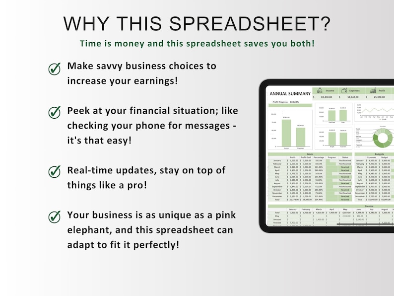 May include: A green and white spreadsheet with a checkmark next to each of the four benefits of using the spreadsheet. The benefits are: Make savvy business choices to increase your earnings, Peek at your financial situation; like checking your phone for messages - it's that easy!, Real-time updates, stay on top of things like a pro!, Your business is as unique as a pink elephant, and this spreadsheet can adapt to fit it perfectly! The spreadsheet shows a graph with the title "Annual Summary".