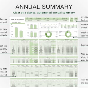 May include: A green and white chart with the title "Annual Summary" and the text "Clear at a glance, automated annual summary". The chart shows a summary of income, expenses, profit, profit margin, tax paid, goal reached, and budget. The chart also includes a line graph, a pie chart, and a table.
