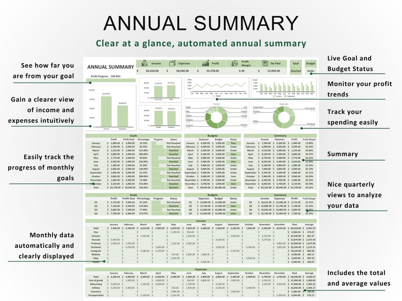 May include: A green and white chart with the title "Annual Summary" and the text "Clear at a glance, automated annual summary". The chart shows a summary of income, expenses, profit, profit margin, tax paid, goal reached, and budget. The chart also includes a line graph, a pie chart, and a table.