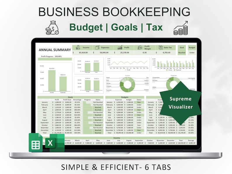 May include: A laptop screen displaying a spreadsheet with a green color scheme. The spreadsheet is titled "Business Bookkeeping" and includes sections for budget, goals, and tax. The spreadsheet also includes a chart showing profit progress, a pie chart showing profit margin, and a bar chart showing sales tax. The spreadsheet is labeled "Supreme Visualizer" and "Simple & Efficient - 6 Tabs".