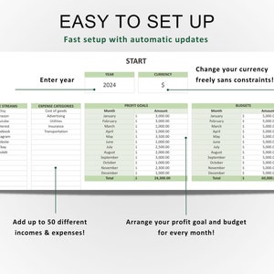 May include: A green and white spreadsheet template for tracking income and expenses. The template includes sections for income streams, expense categories, profit goals, and budgets. The spreadsheet is designed to be easy to set up and use, with automatic updates. The template includes a section for entering the year and currency. The template is designed to help users track their finances and make informed decisions about their spending.