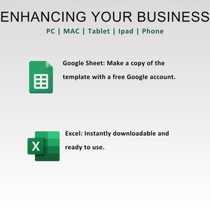 May include: A green icon of a spreadsheet with the text "Google Sheet: Make a copy of the template with a free Google account." and a green icon of a spreadsheet with an "X" in the corner with the text "Excel: Instantly downloadable and ready to use."