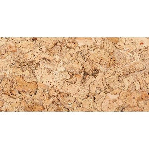 May include: Close-up of a rectangular cork board with a natural, textured surface. The cork has a mix of light and dark brown tones, with a pattern of irregular shapes and small holes. The overall appearance is rustic and organic.