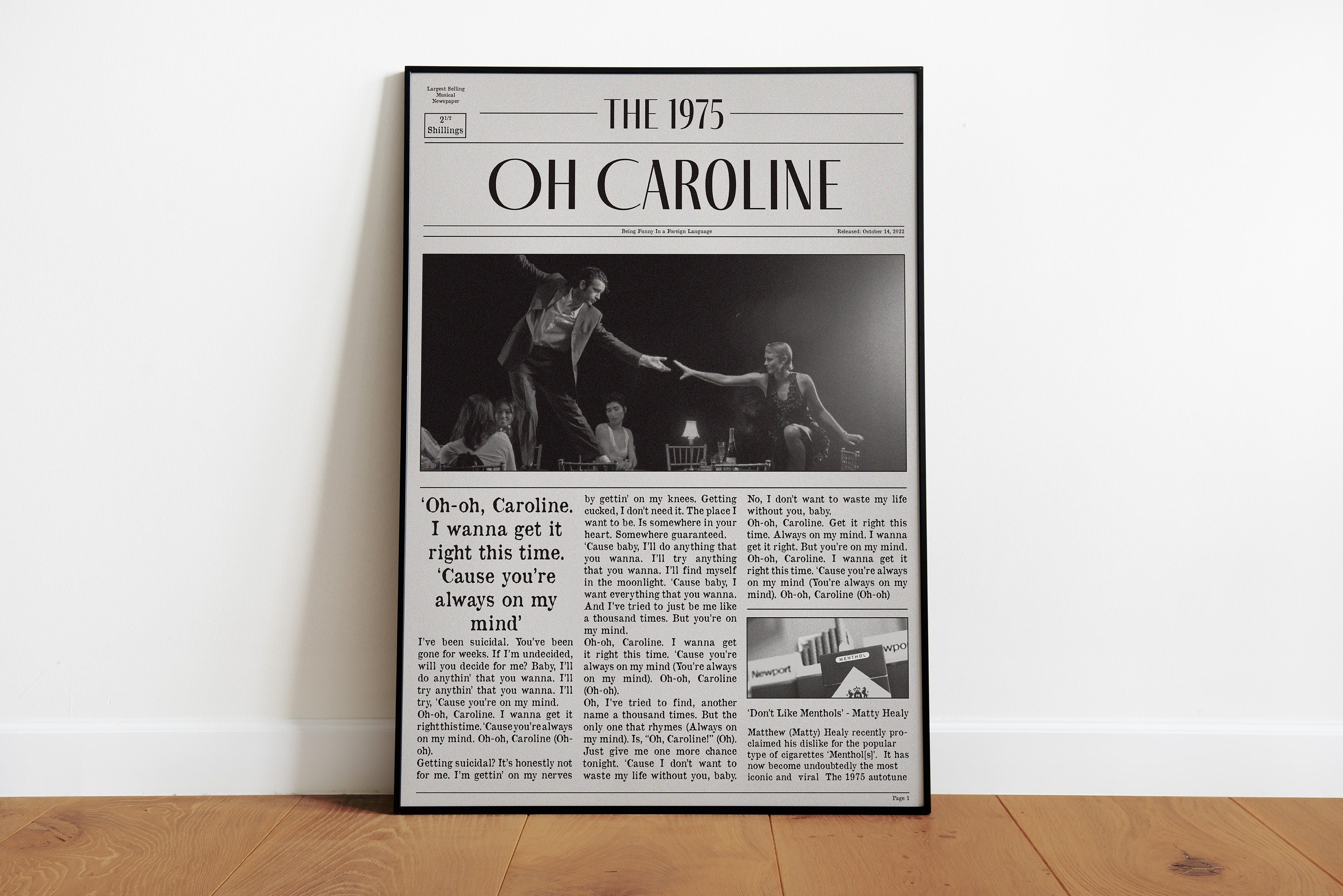 Discover The 1975 'Oh Caroline' Inspired Poster, Retro Newspaper Art Vibe