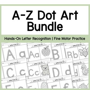 Könnte beinhalten: A-Z Dot Art Bundle zur Buchstaben- und Feinmotorik-Übung. Enthält druckbare Arbeitsblätter mit den Buchstaben A-Z, mit Punktkunst für jeden Buchstaben, sowie Bilder von Apfel, Bär, Biene und Ente.