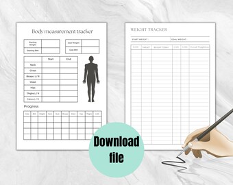 May include: Two printable pages for tracking body measurements and weight loss. The "Body Measurement Tracker" includes sections for neck, chest, waist, and thigh measurements. The "Weight Tracker" has columns for date, target weight, and overall weight loss. The image includes the text "Download file."