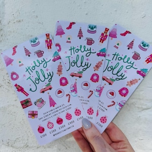 May include: Three white cards with a festive Christmas design, featuring the words "Holly Jolly" and various holiday-themed illustrations. The cards have pink and green accents, with text indicating a savings promotion.