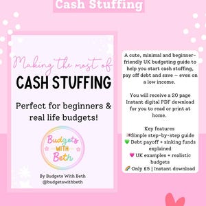 Puede incluir: Gráfico de descarga digital rosa con el texto "Making the most of Cash Stuffing". Una guía de presupuestos para principiantes en el Reino Unido para ayudar con el ahorro, el pago de deudas y el ahorro. Incluye ejemplos del Reino Unido.