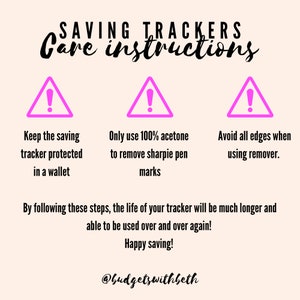 May include: Image with care instructions for saving trackers. The text advises protecting the tracker in a wallet, using 100% acetone for removing marks, and avoiding edges when using remover. The image includes pink exclamation point symbols.