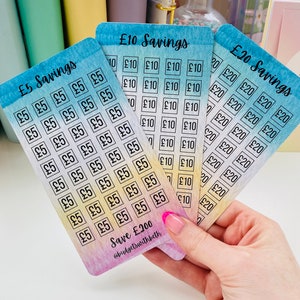 May include: Three colourful cards with a watercolour background. Each card has a different amount of squares with the text "£5", "£10", or "£20" printed inside. The cards are labelled "£5 Savings", "£10 Savings", and "£20 Savings". The bottom of the card reads "Save £200 @budgetswithbeth".