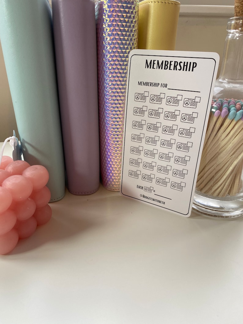 May include: A white printable membership tracker with black text and icons. The text reads "MEMBERSHIP" and "MEMBERSHIP FOR". There are 20 icons of a person with a checkmark. The text at the bottom reads "EACH =" and "@BUDGETWITHBETH".