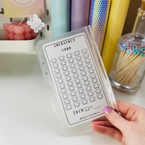 May include: A white printable emergency fund tracker with a black outline of a siren. The tracker has 50 spaces for each dollar saved. The text "EMERGENCY FUND" and "EACH =" are printed on the tracker.