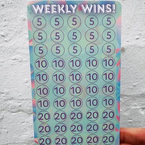 May include: A colorful card with the text "WEEKLY WINS!" and circles with numbers 5, 10, 20, and 30. The card has a total value of &pound;635 and the Instagram handle @budgetswithbeth.