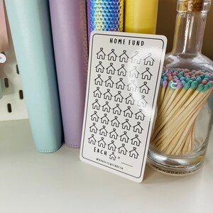 May include: A white card with black text that says "Home Fund" and has a grid of 36 small house icons. The text below the grid says "Each =" with a blank line for writing. The text at the bottom of the card says "@budget.is.within.reach".