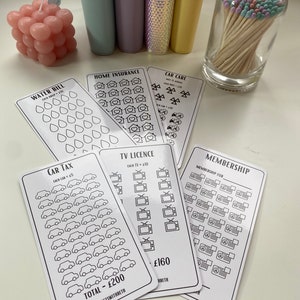 May include: A set of black and white printable budget trackers with icons for water, home insurance, car care, car tax, TV license, and membership. Each tracker has a total cost listed at the bottom.