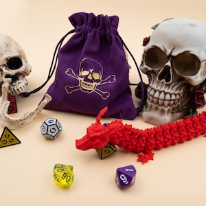 Purple Velvet Dice Bag: Skull Design, DnD Gaming Pouch