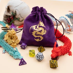 Purple Velvet Dice Bag,Cute Velvet Pouch,Dragon Logo Drawstring Pouch,Velvet Tarot Card Bag,Dnd Dice Bag,Velvet Drawstring Bag,Rpg Dice Bag