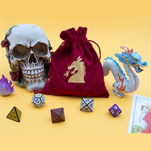 Red Velvet Dice Bag,Cute Velvet Pouch,Dragon Logo Drawstring Pouch,Velvet Tarot Card Bag,Velvet Dnd Dice Bag,Velvet Drawstring Bag