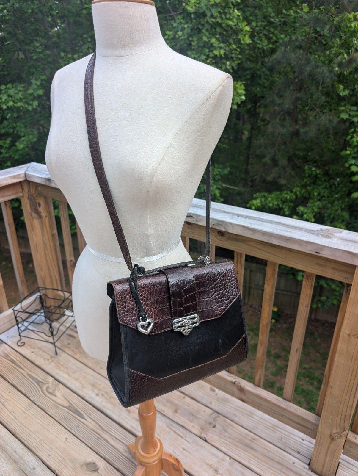 Vintage Brighton Crossbody Handbag Purse Leather Black Brown Embossed Silver