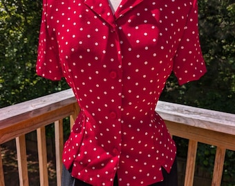 Vintage Sag Harbour Red Polka Dot Blouse Collared Button Up Cinch Waist Medium