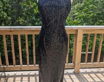 Vintage Sequined Evening Gown High Neckline Sleeveless Beaded Small 6 Black Slit