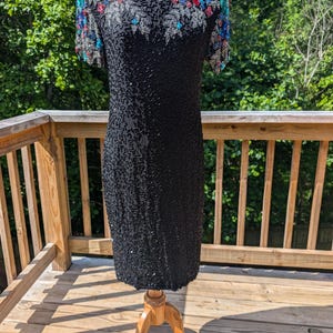 Vintage Scala Beaded Dress 80s Silk Black Floral Open Back Medium Evening Party