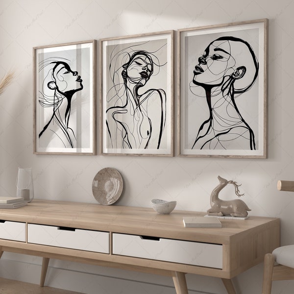 Set of 3 Beautiful African Women Line-Art Paintings, African Motif, Modern Abstract Art, Printable Art, Modern Wall Decor