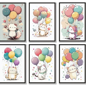 12-teiliges, helles & glückliches Kätzchen Art Bundle, Bunte Ballon Gemälde, Perfekt für Kinderzimmer oder Grußkarten, digitaler Download