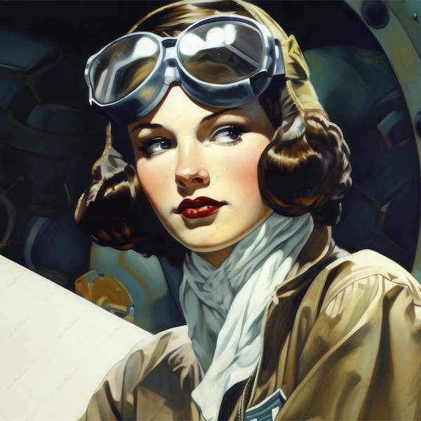 Bomber Girl Art Deco Poster - Retro Aviation Poster Female Pilot Artwork Vintage Decor