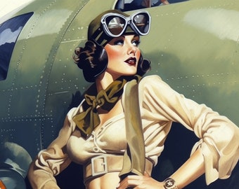 Bomber Girl Art Deco Poster - Retro Aviation Poster Female Pilot Artwork Vintage Decor