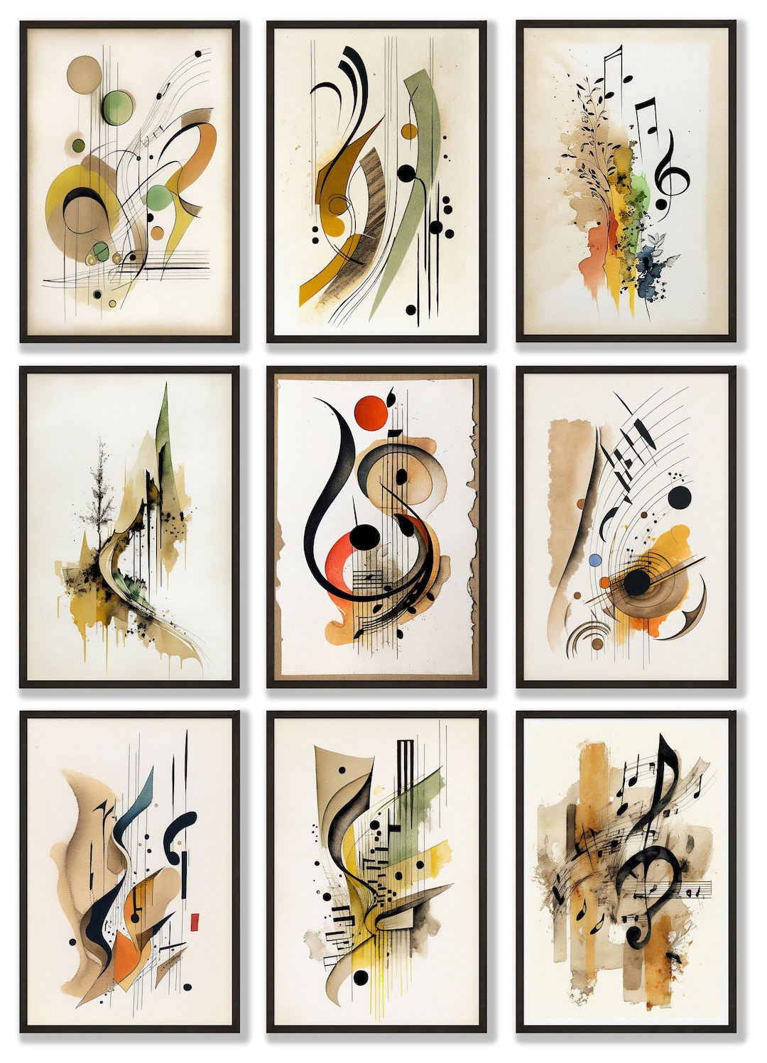 9piece Midcentury Modern Art Bundle, Music Motif Posters, Art Deco