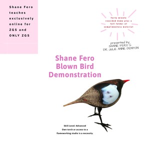 Puede incluir: Una escultura de pájaro de vidrio soplado con un diseño blanco y negro. El pájaro está posado sobre un soporte negro. El texto "Shane Fero Blown Bird Demonstration" se muestra sobre el pájaro. El texto "Skill Level: Advanced" se muestra debajo del pájaro.
