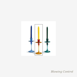 May include: Three colorful glass candle holders with lit candles. The candles are blue, yellow, and green. The candle holders are in shades of blue, red, and green. The text "Blowing Control" is at the bottom.