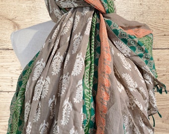 Damenschal Blockprint Baumwolle mit Quasten 100 x 180 cm grau grün mehrfarbig