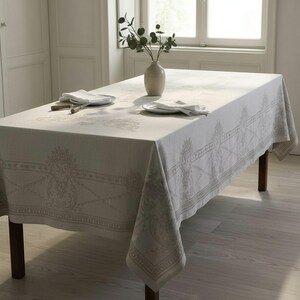Festliche Leinen Tischdecke Jacquard 170x170 cm beige Natur französisches Landhaus Ornamente mit Hohlsaum