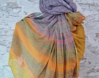 Damenschal Baumwolle Blockprint 100 x 180 cm Handgefärbt Freizeitschal mit Quasten