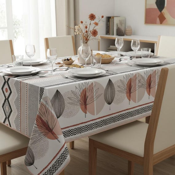 Tischdecke rechteckig Länge: 240 / 300 cm Natur Blätter weiß beige pflegeleicht