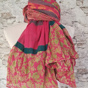 Women's scarf cotton handmade multicolored summer fuchsia green with tassels 100 x 180 cm