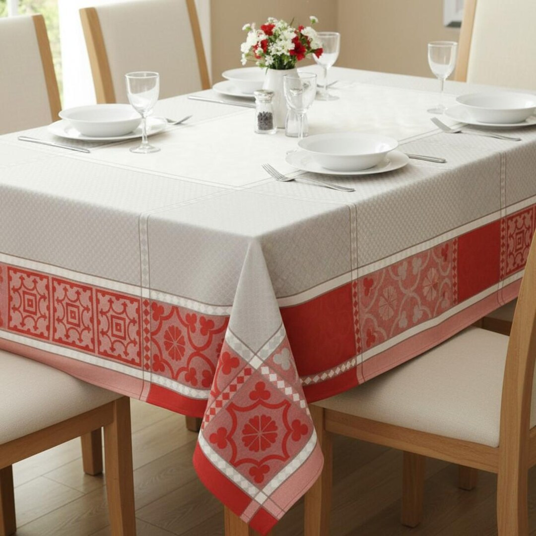 Französische Jacquard Baumwolle Tischdecke 160x160 cm ROT GRAU Tischtuch Teflon beschichtet