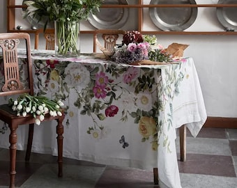 Große geblümte ROSEN Tischdecke 350x145 cm LEINEN Cottage Landhaus weiß bunt für Garten und Esszimmer